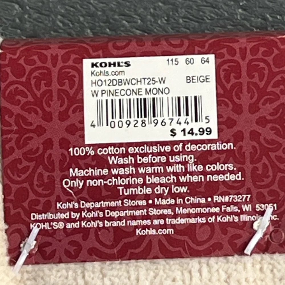 Kohls; Holiday Beige & Brown; Embroidered Monogram “W”; Kitchen/Hand Towels; NWT